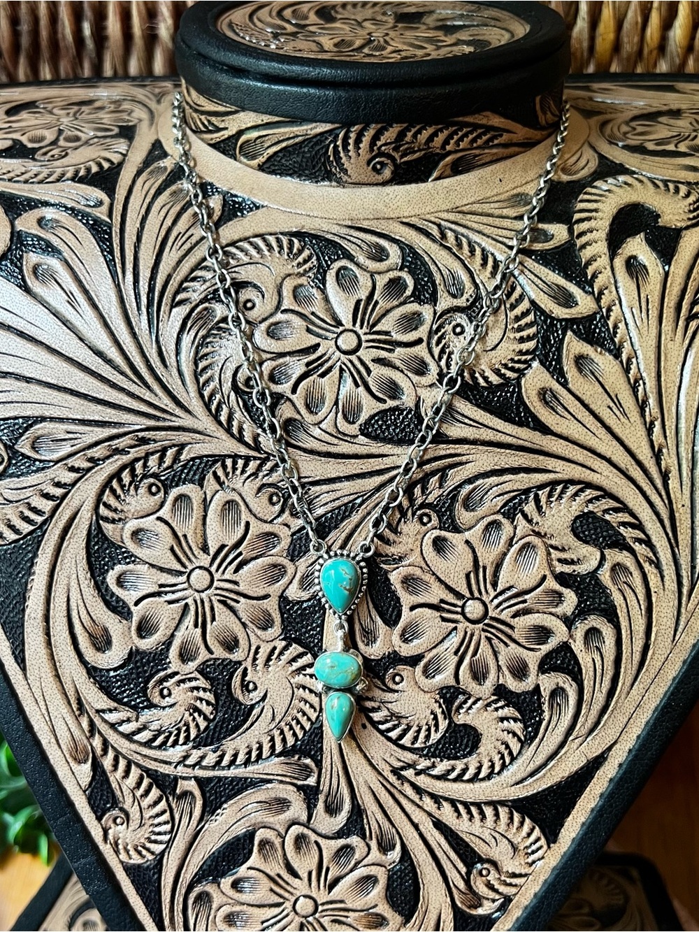 Kingman Turquoise Drop Necklace Sterling Silver 3 Stone Pendant | Southwestern - Picture 8 of 14
